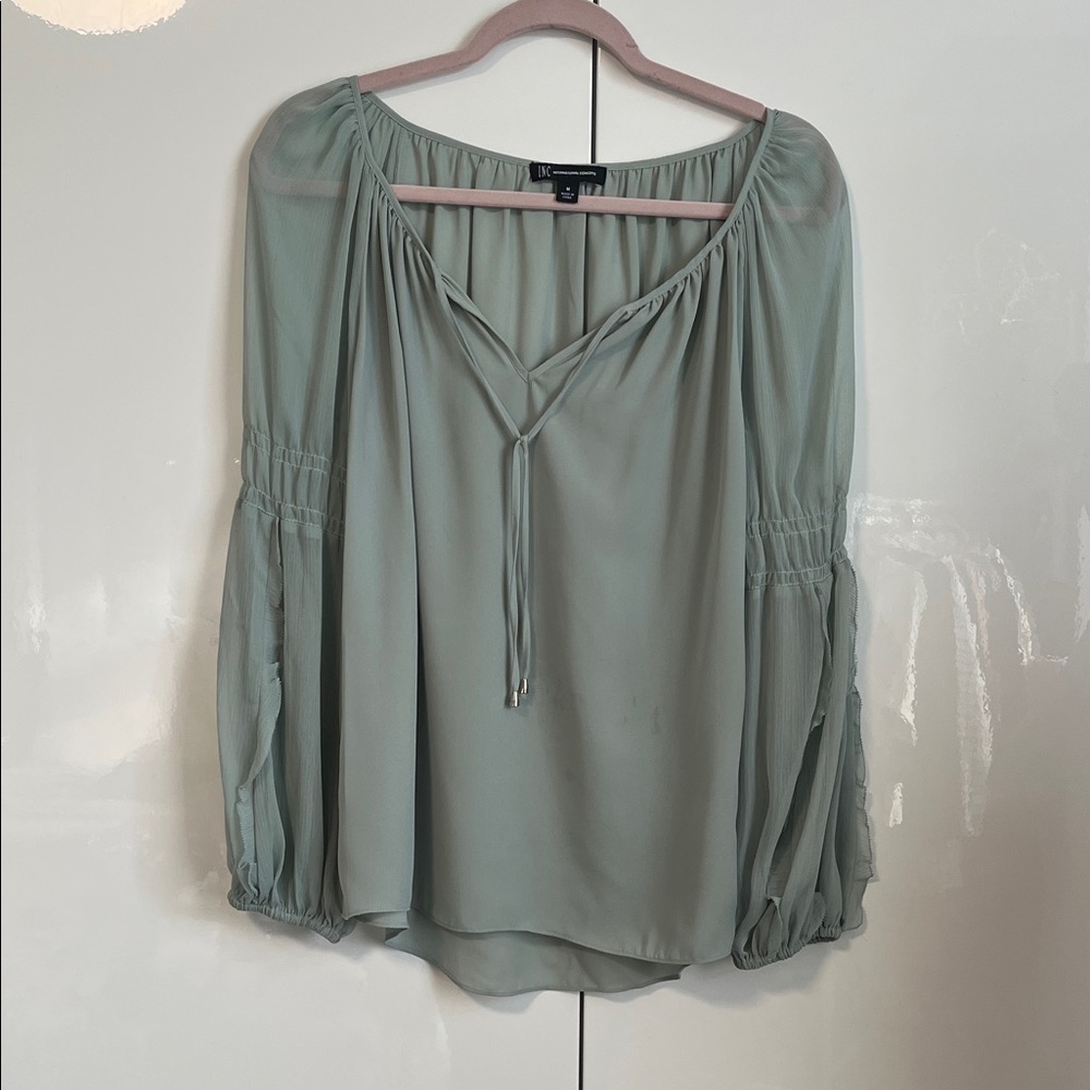 I.N.C NWOT Elegant Sage Green Frill Sleeve Bohemian Women's Blouse, Size M